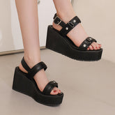 Wedge-Heeled Platform Open-Toe Studded Sandals
